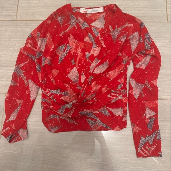 IRO- Red Longsleeve Silk Geometric Print Gabota Top - Picture 4 of 6